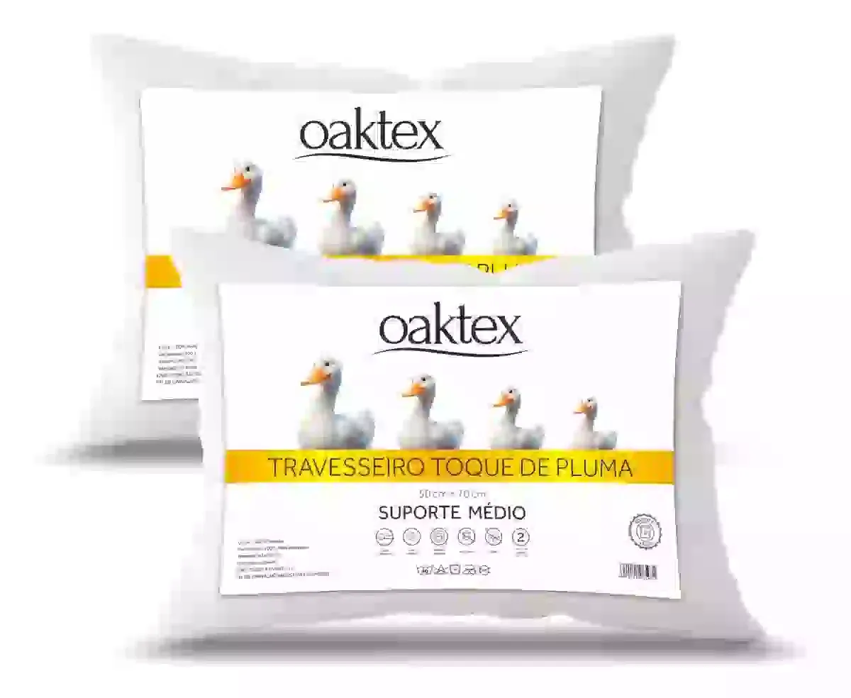 Kit 2 Travesseiros 70x50 Antialérgico Lavável Fibra Siliconada Toque de Pluma de Ganso Oaktex Cor Branco